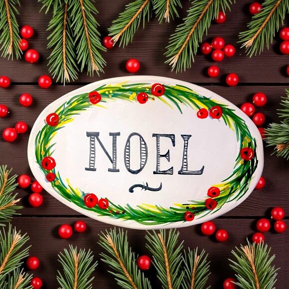 NOEL Sign or Ceramic Plaque trimmed in Evergreen & Berry Design - Picture 9 of 11